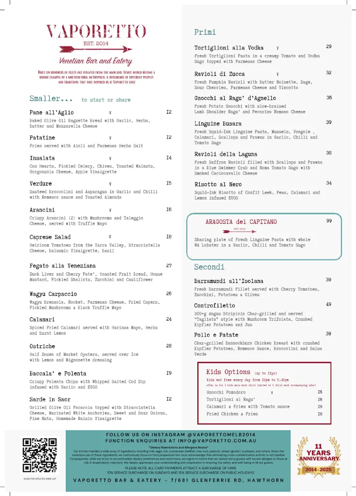 Vaporetto Bar & Eatery Hawthorn Italian Restaurant est 2014 restaurant in Monash