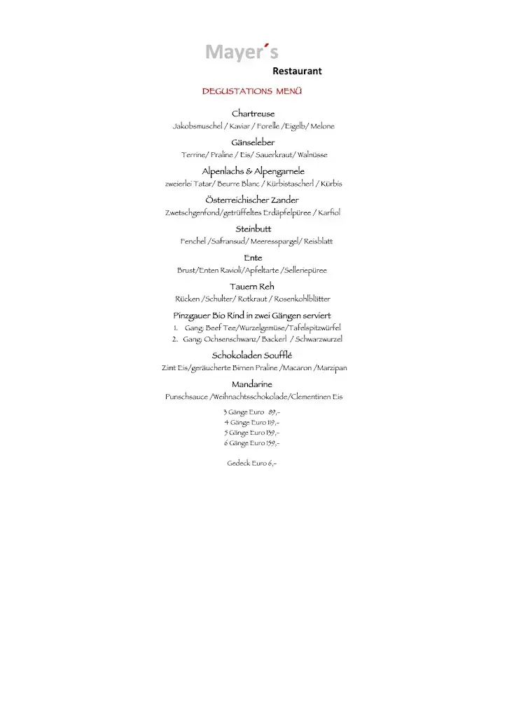 Menu_MAYER's Restaurant auf Schloss Prielau_Zell_image_1