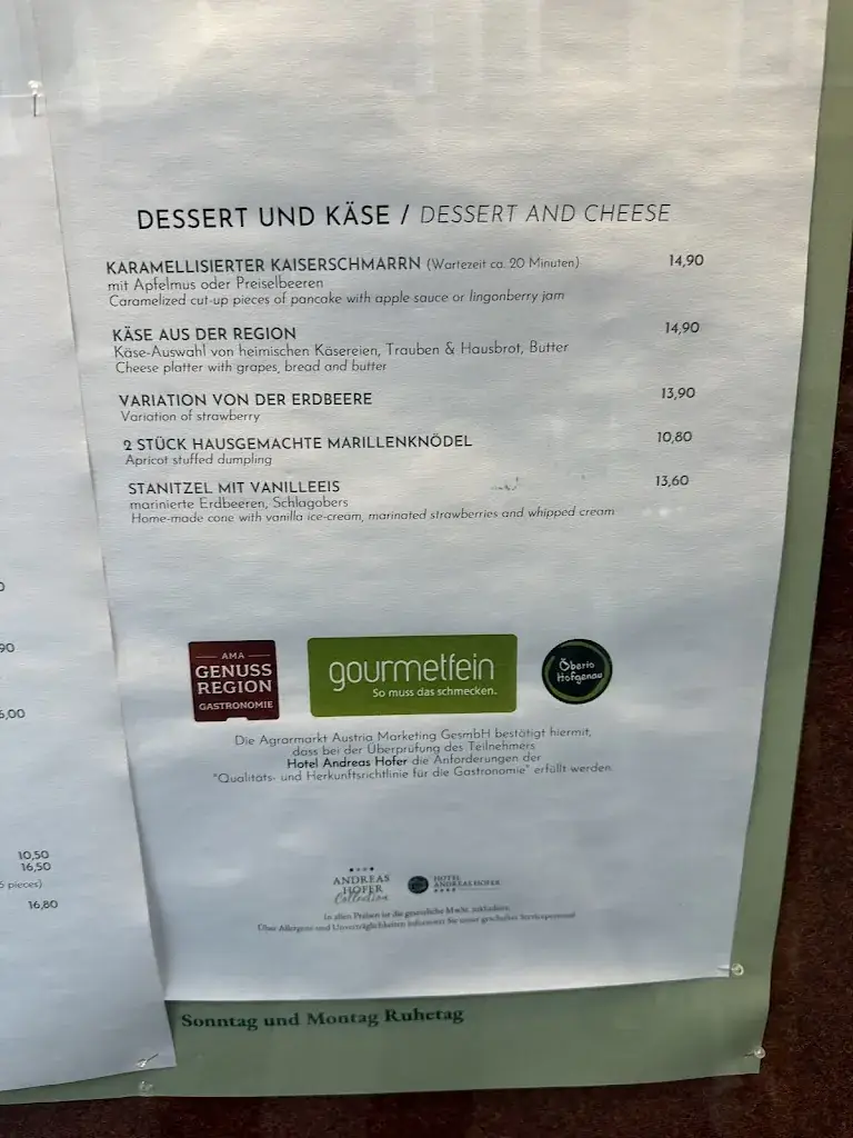 Menu_Kaminrestaurant Andreas Hofer Kufstein_Endach_immagine_1