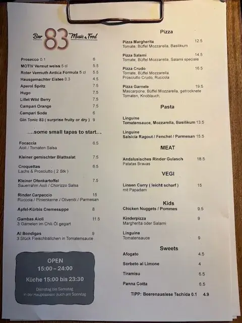 Menu_83 Bar Music Food_Hippach_immagine_1