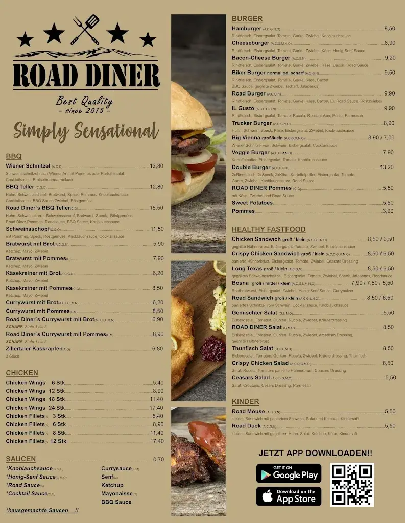 Menu_Road Diner Hall – Burger | Grill | Sandwich -- Region Absam | Mils | Thauer | Rum_Hall in Tirol_immagine_1