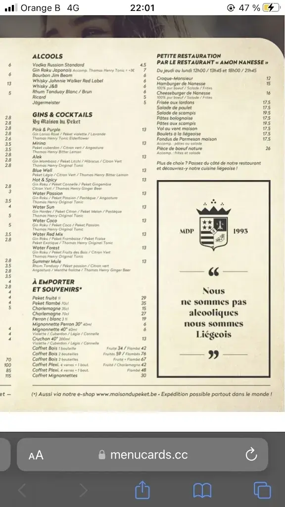 Menü_La Maison du Peket Bar - Amon Nanesse Restaurant - Appart Hotel_Liège_Bild_2