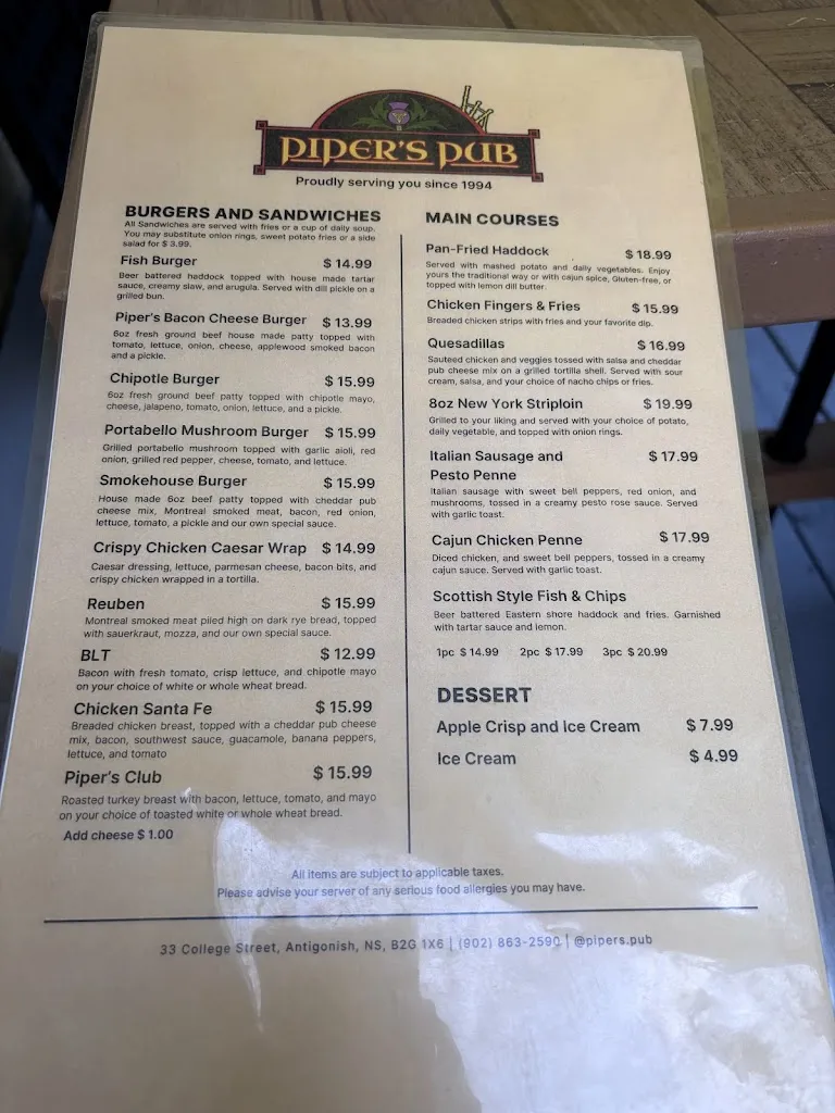Menu_Piper's Pub_Antigonish_image_old_2