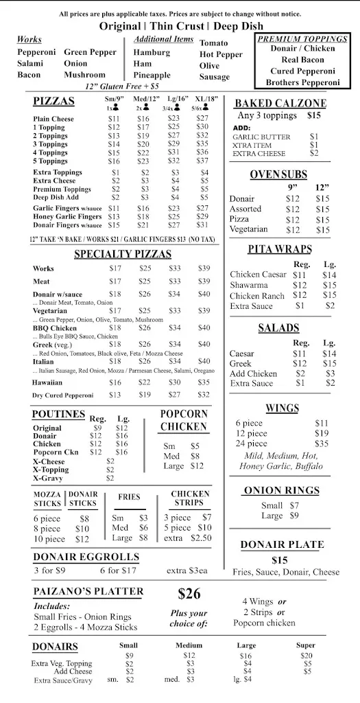 Menu_Paizano's Pizzeria & Donair_Springhill_image_old_1