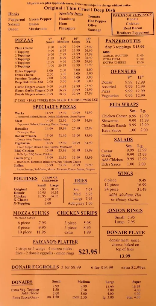 Menu_Paizano's Pizzeria & Donair_Springhill_image_old_2