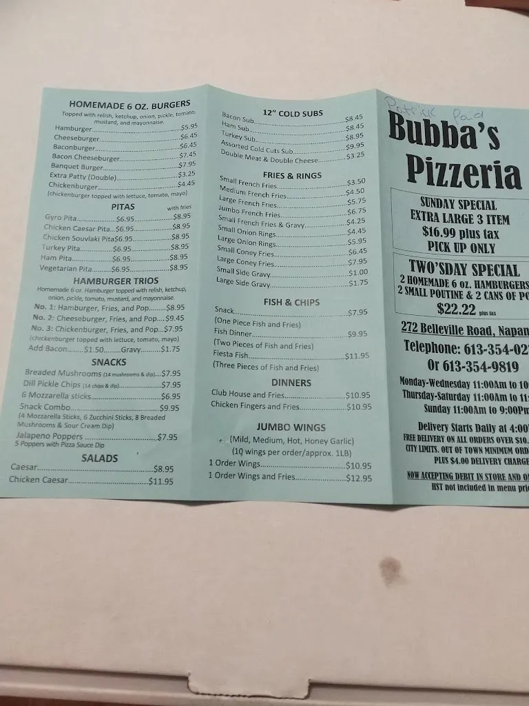 Menu_Bubba's Pizzeria & Restaurant_Napanee_image_old_1