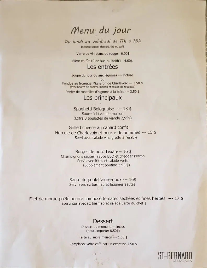 Menu_Pub St-Bernard_Beaupré_image_old_1
