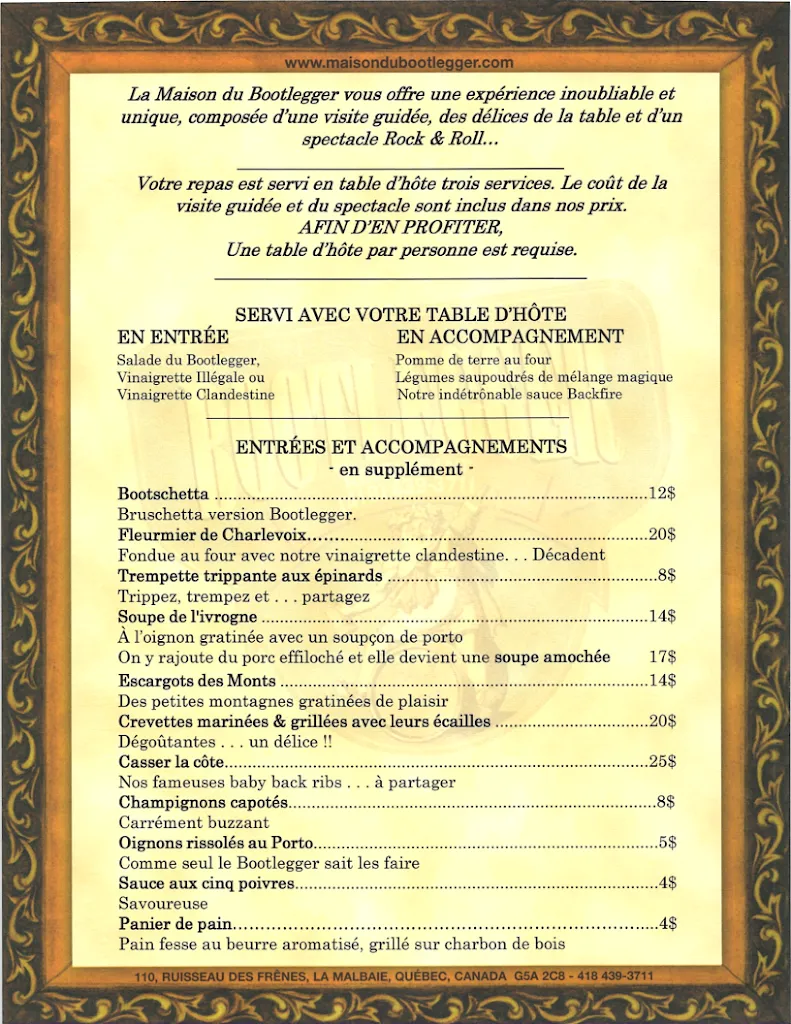 Menu_Maison du Bootlegger_La Malbaie_image_old_2