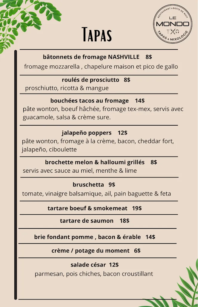 Menu_Le mondo tapas et mixologie_Saint-Jérôme_image_old_1