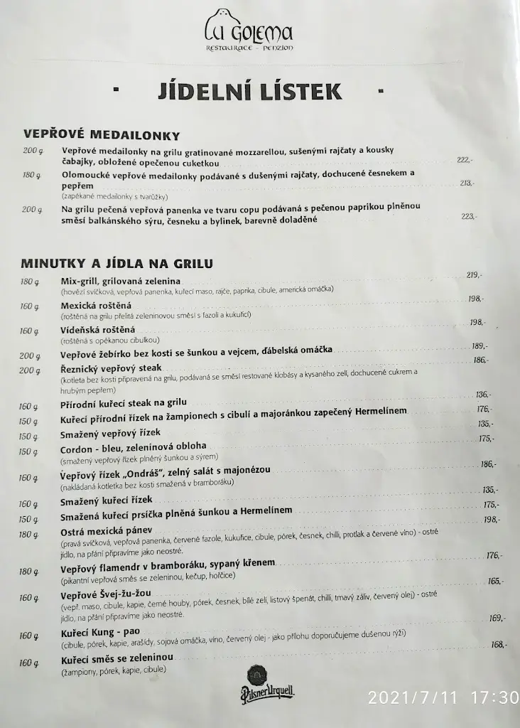 Menu_Restaurace - penzion U Golema_Blansko_immagine_2