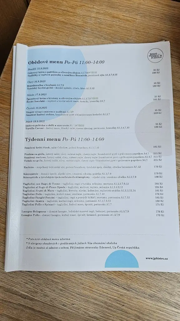 Menu_Jean Paul's Restaurant Zelný trh_Brno_image_2