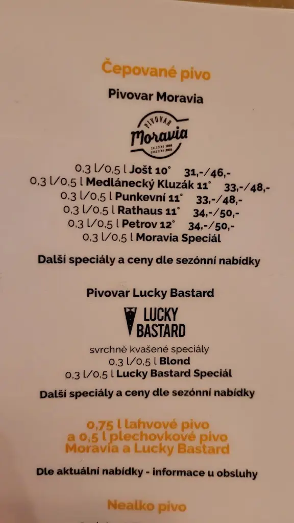 Menu_Pivovarská restaurace Moravia_Mokrá Hora_immagine_3