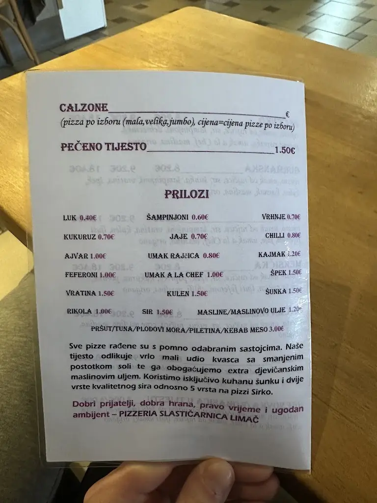 Menu_Pizzeria slastičarnica caffe bar Limač_Vrbovec_immagine_1