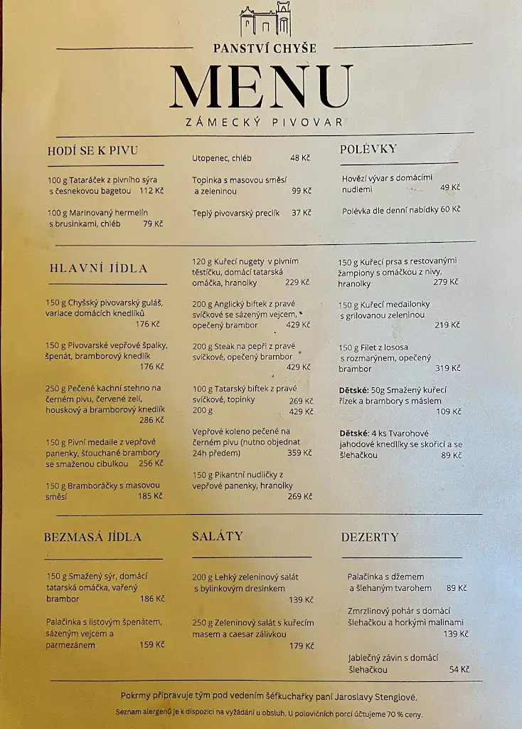 Menu_Zámecký pivovar Chyše_Žlutice_image_1