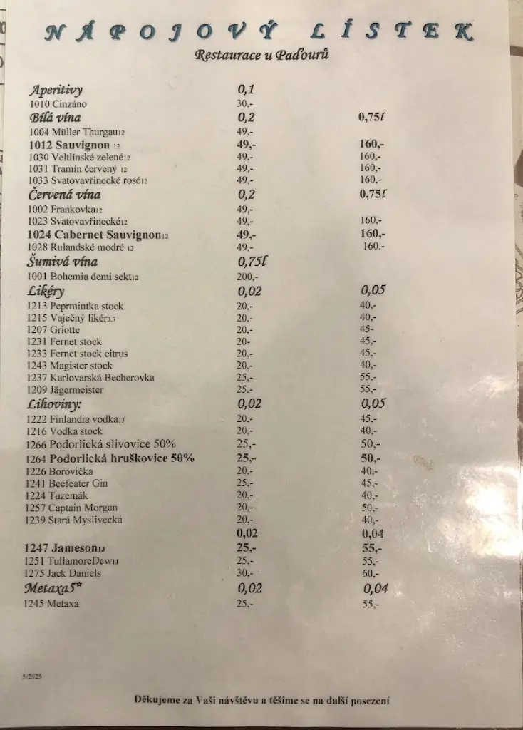 Menu_Restaurace U Paďourů_Nové Město nad Metují_image_1