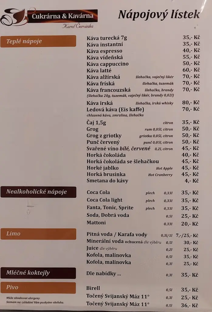 Menu_Cukrárna, kavárna a pizza Karel Červinka_Jablonec nad Jizerou_image_1