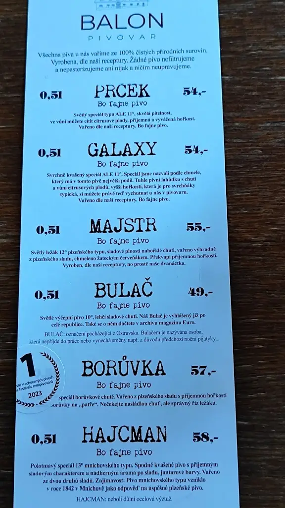 Menu_Balon pivovar a hostinec_Havířov_image_1