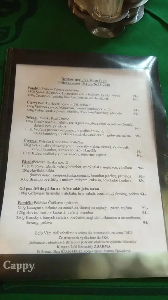 Menu_Sdružení Gletovi - Roman Gleta, Restaurace 