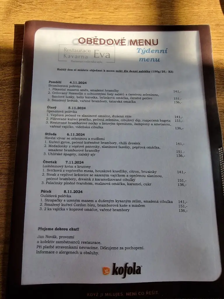 Menu_Restaurace, Kavárna Eva_Česká Třebová_image_1