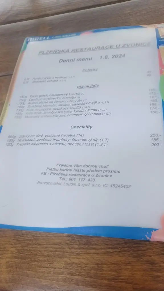 Menu_Plzeňská restaurace U Zvonice_Mladá Vožice_image_1