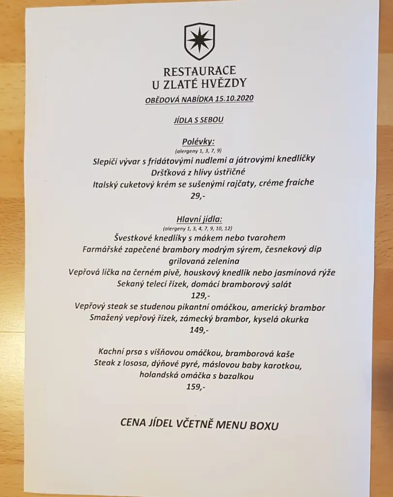 Menu_Restaurace U Zlaté hvězdy_Benešov_image_1