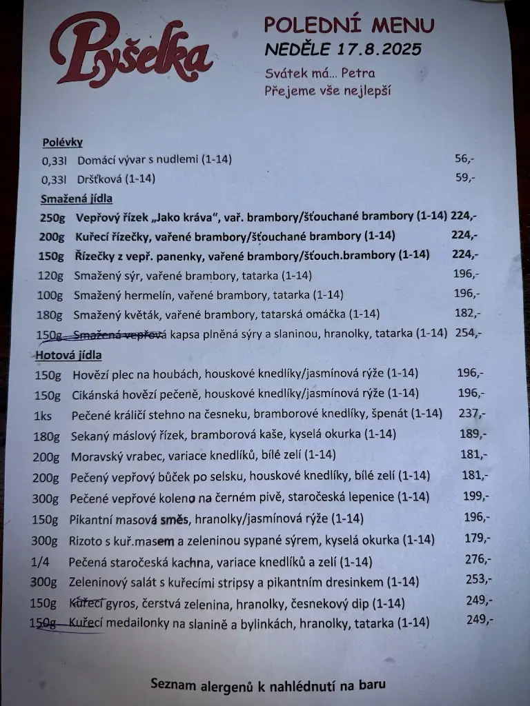 Menu_Restaurace a penzion Pyšelka_Čerčany_image_1