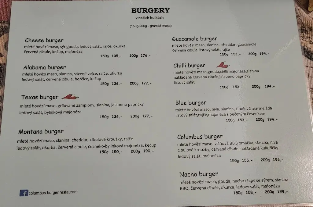 Menu_Columbus burger restaurant_Okres Písek_image_1