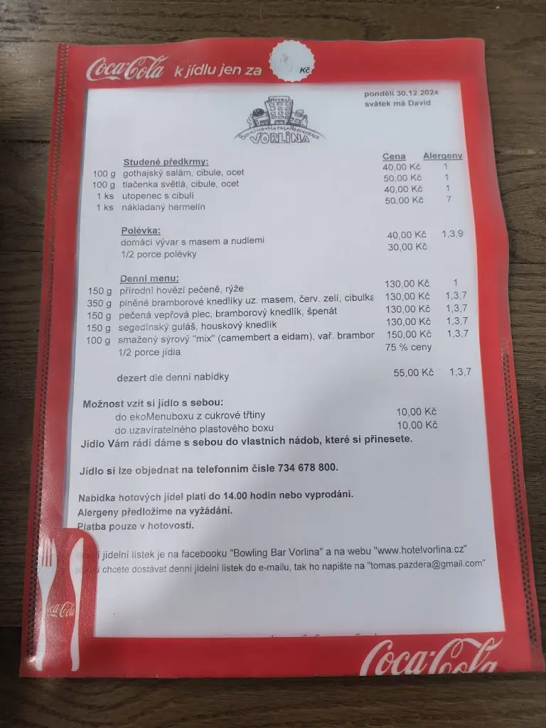 Menu_Restaurace Hotel Vorlina_Vlašim_immagine_1