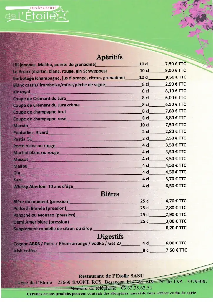 Menu_Restaurant de l'Etoile_Saône_image_1