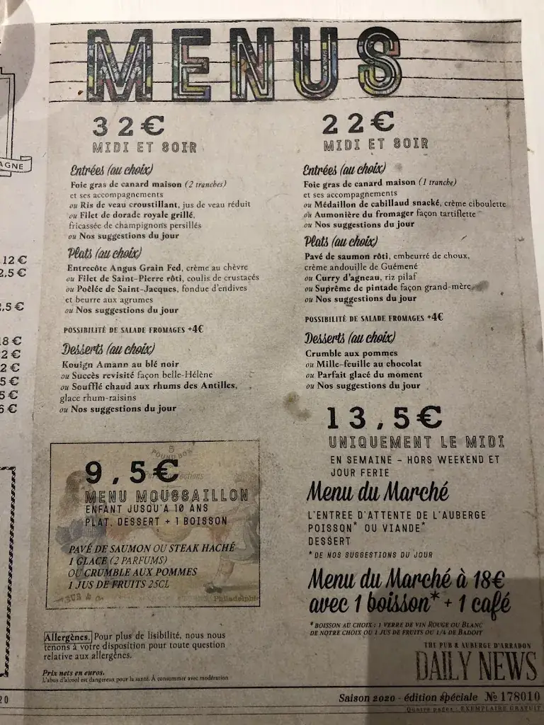 Menu_Restaurant L'Auberge d'Arradon_Arradon_image_2