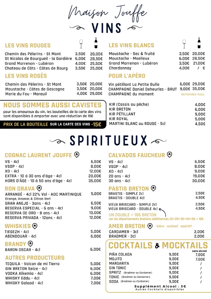 Menu_Maison Jouffe Distillerie et Brasserie : Restaurant, Cave & Bar_Saint-Lormel_image_1