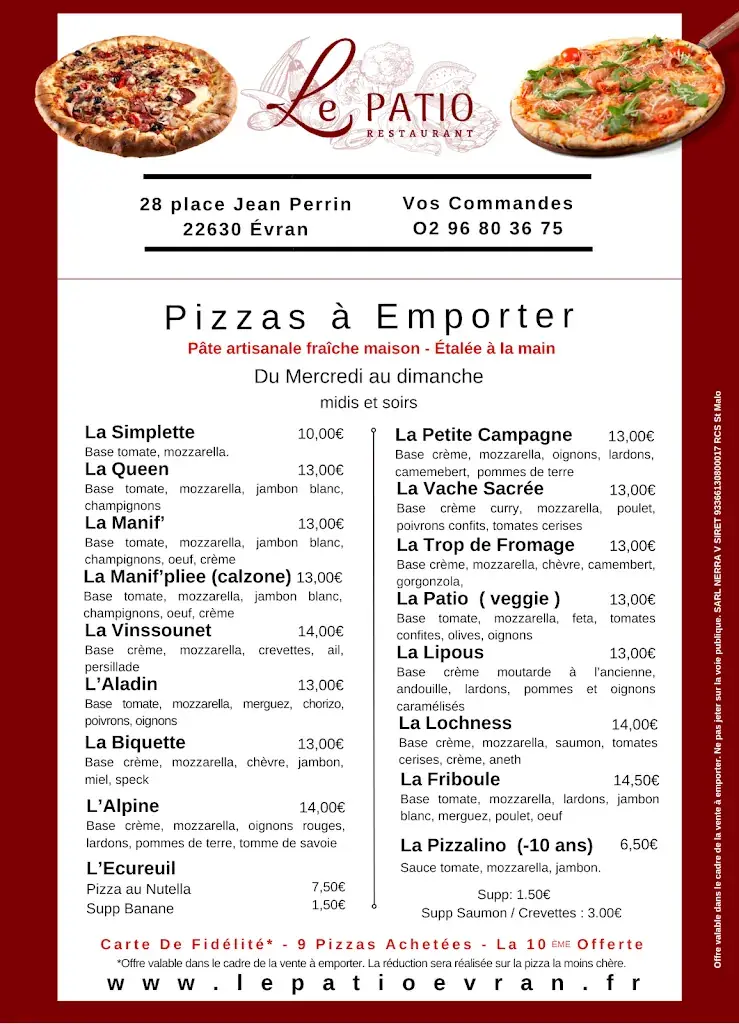 Menu_LE PATIO Restaurant / Pizzeria sur place ou à emporter - Chambres D’hôtes - Nouveaux propriétaires_Évran_image_2