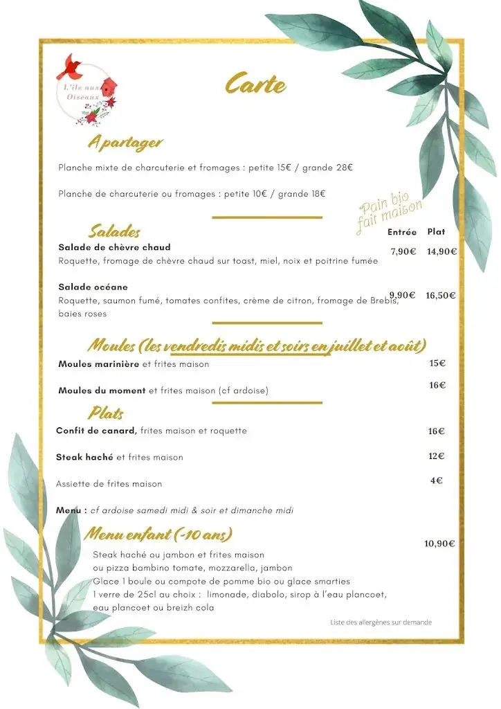 Menu_Pizzéria et Hébergements L'Ile aux Oiseaux Guern_Guern_immagine_2