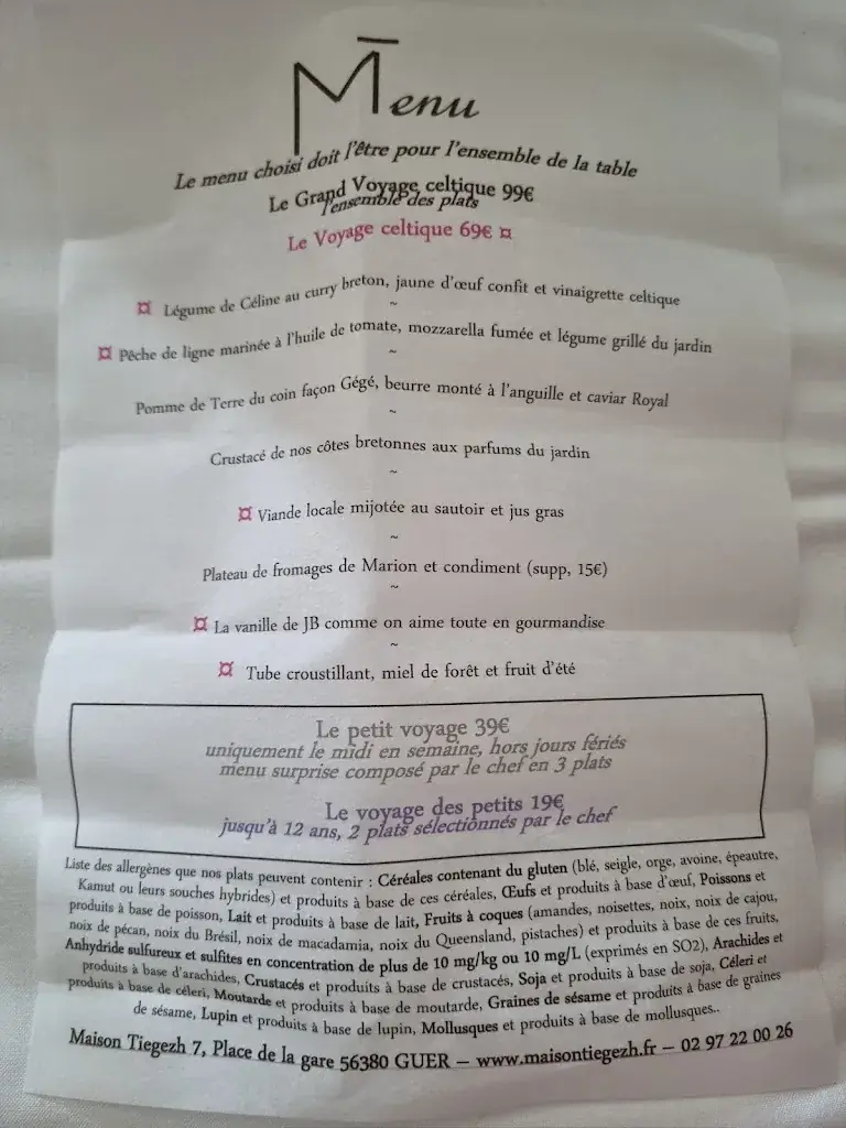 Menu_Hôtel Restaurant Maison Tiegezh_Guer_image_2