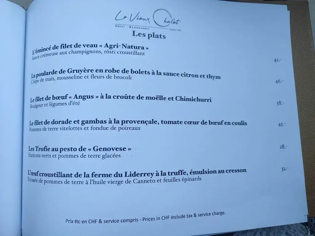 Menu_Hôtel - Restaurants Le Vieux Chalet Charmey - Crésuz_Crésuz_image_1