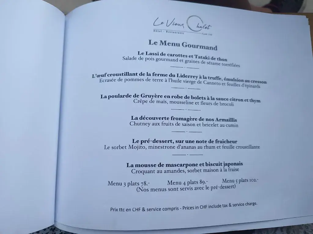 Menu_Hôtel - Restaurants Le Vieux Chalet Charmey - Crésuz_Crésuz_image_2