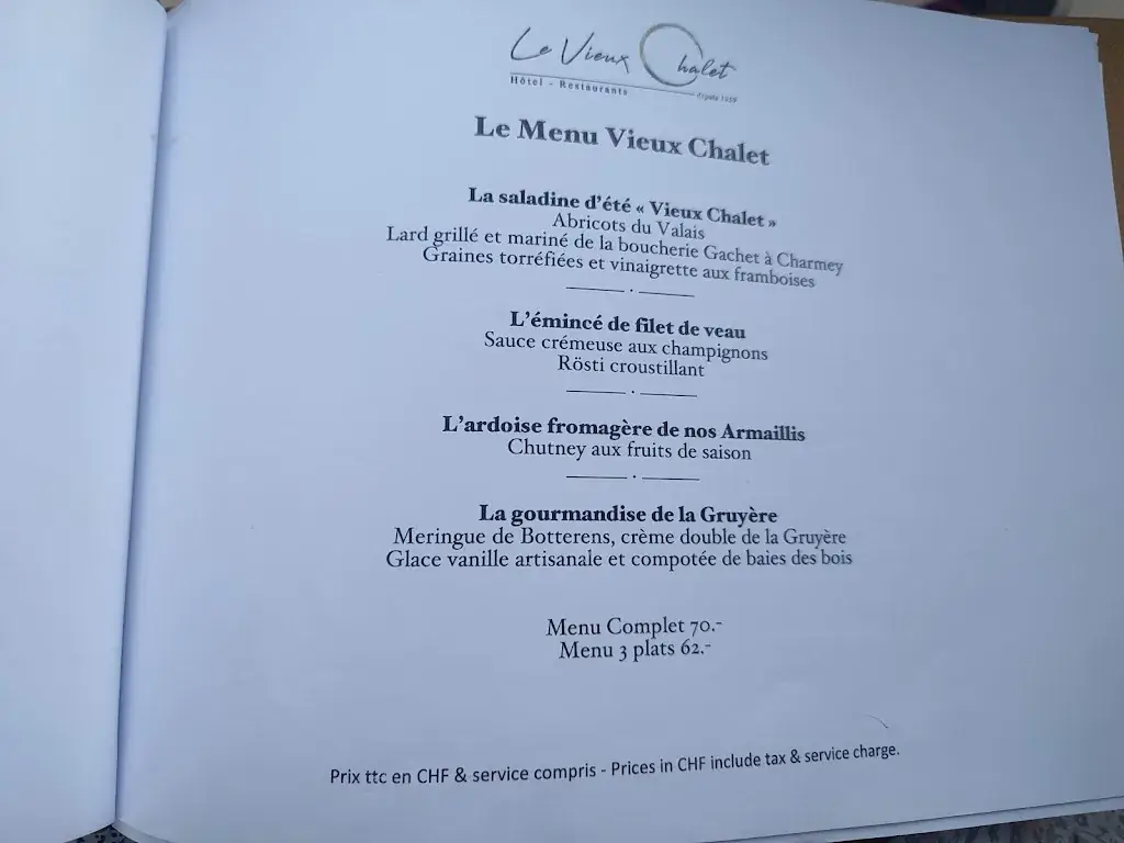Menu_Hôtel - Restaurants Le Vieux Chalet Charmey - Crésuz_Crésuz_image_4