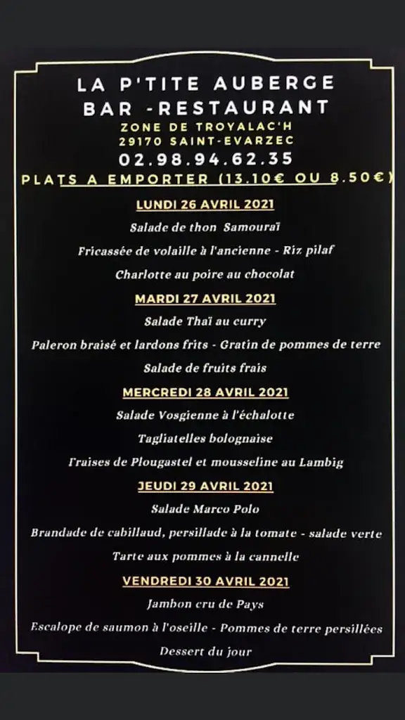 Menu_La P'tite Auberge. Cafe restaurant_Saint-Évarzec_image_1