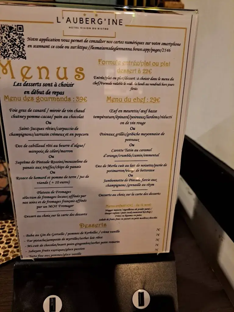 Menu_L'Auberg'ine - Maisons Glenn Anna_Sainte-Anne-d'Auray_image_2