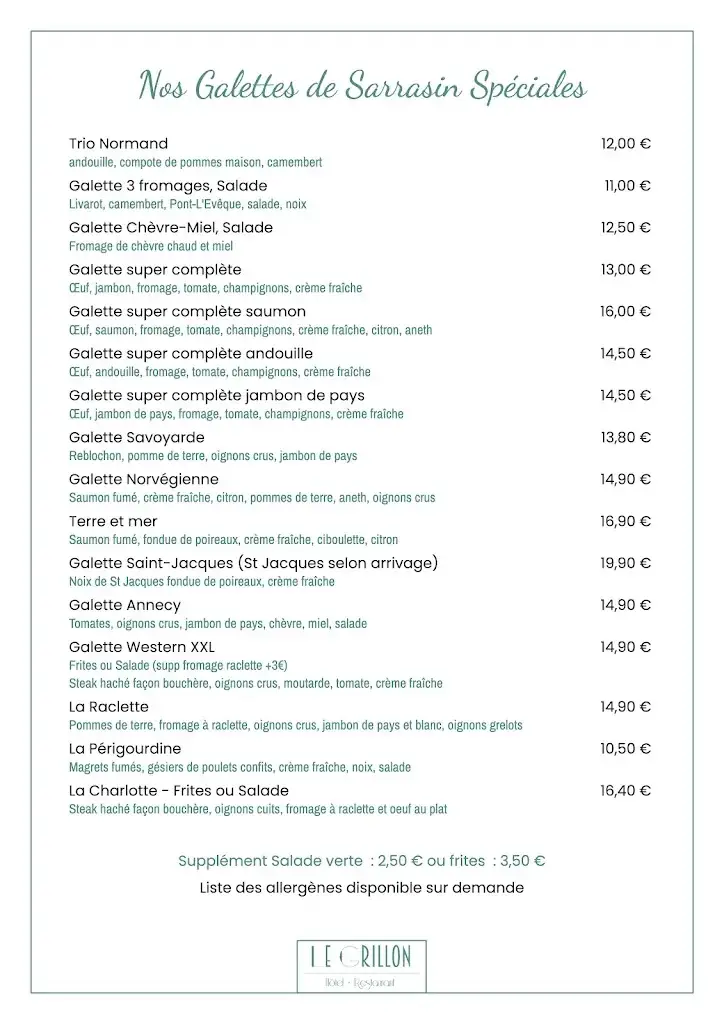 Menu_Le Grillon, Restaurant, Crêperie, Grill avec Agneau de Pré-salé, produits locaux, Hôtel_Pontorson_image_1
