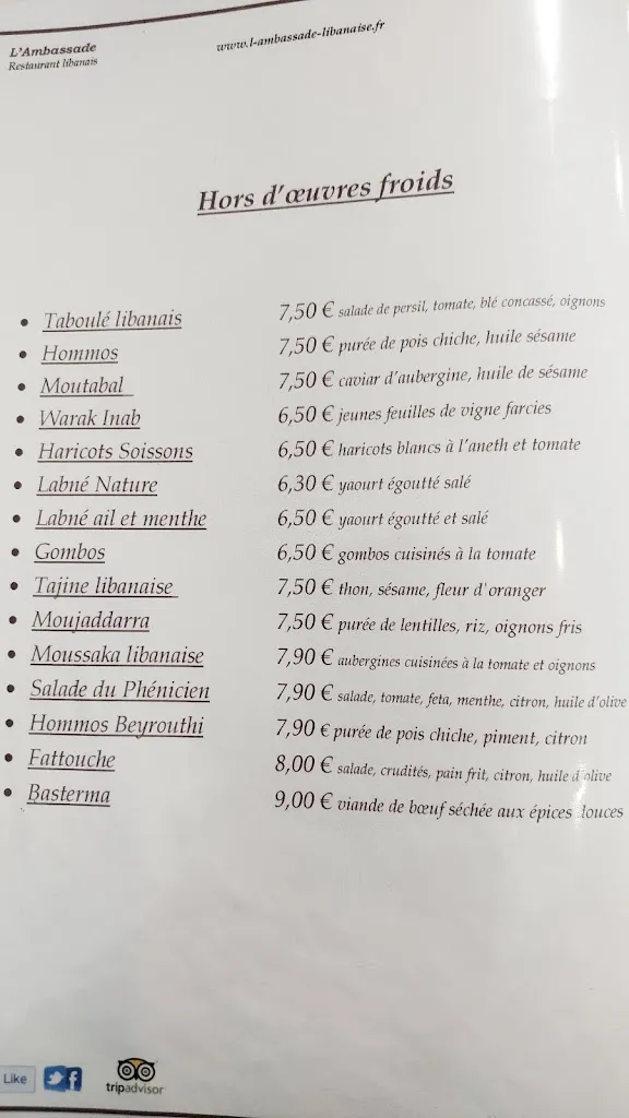 Menu_Restaurant l’ambassade libanaise_Tremblay-en-France_image_4