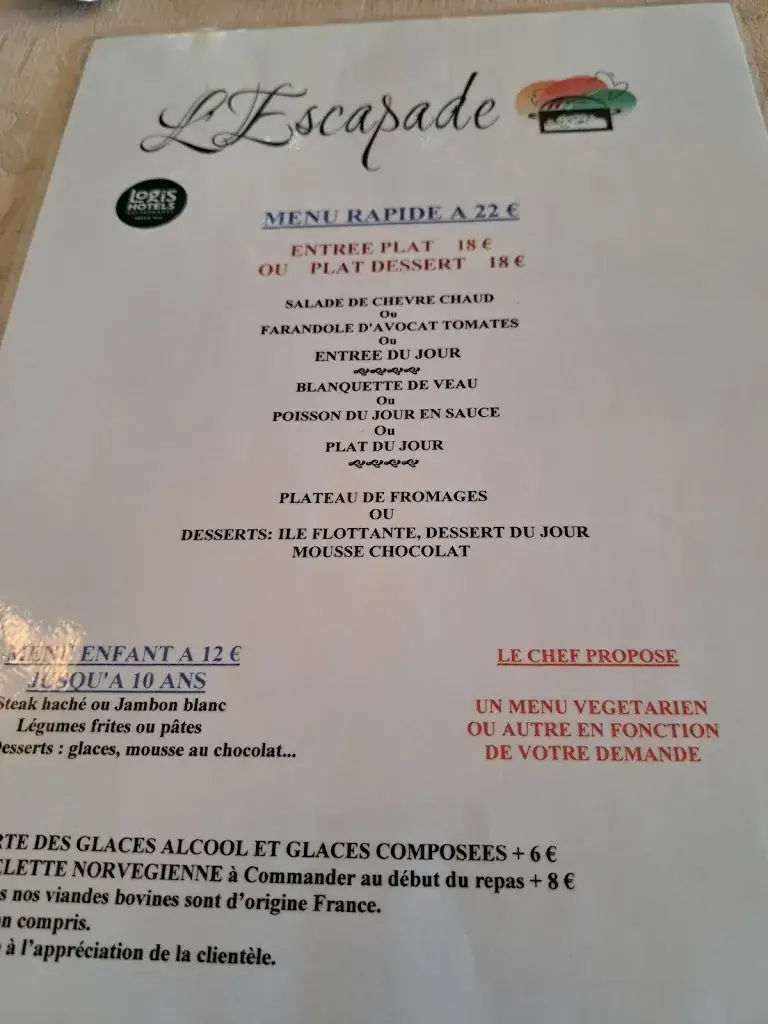 Menu_Restaurant Logis L'Escapade_Pêchereau_image_1
