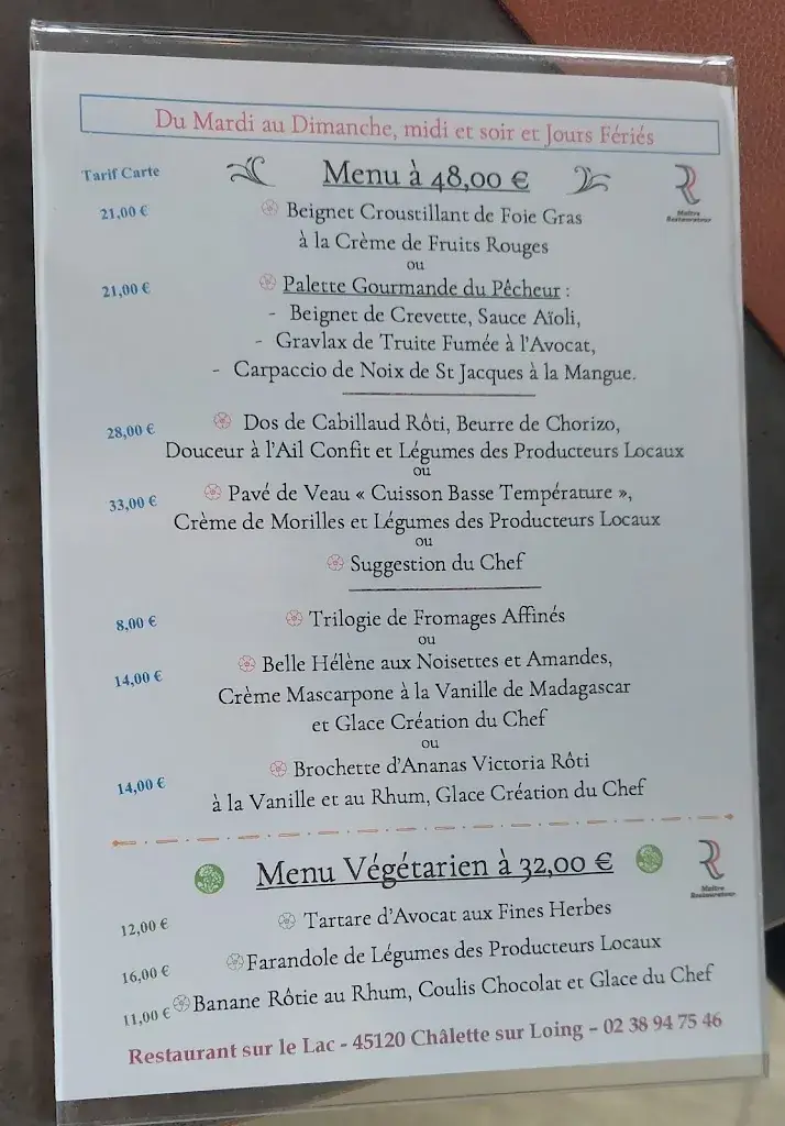 Menu_Restaurant sur le Lac_Châlette-sur-Loing_image_1