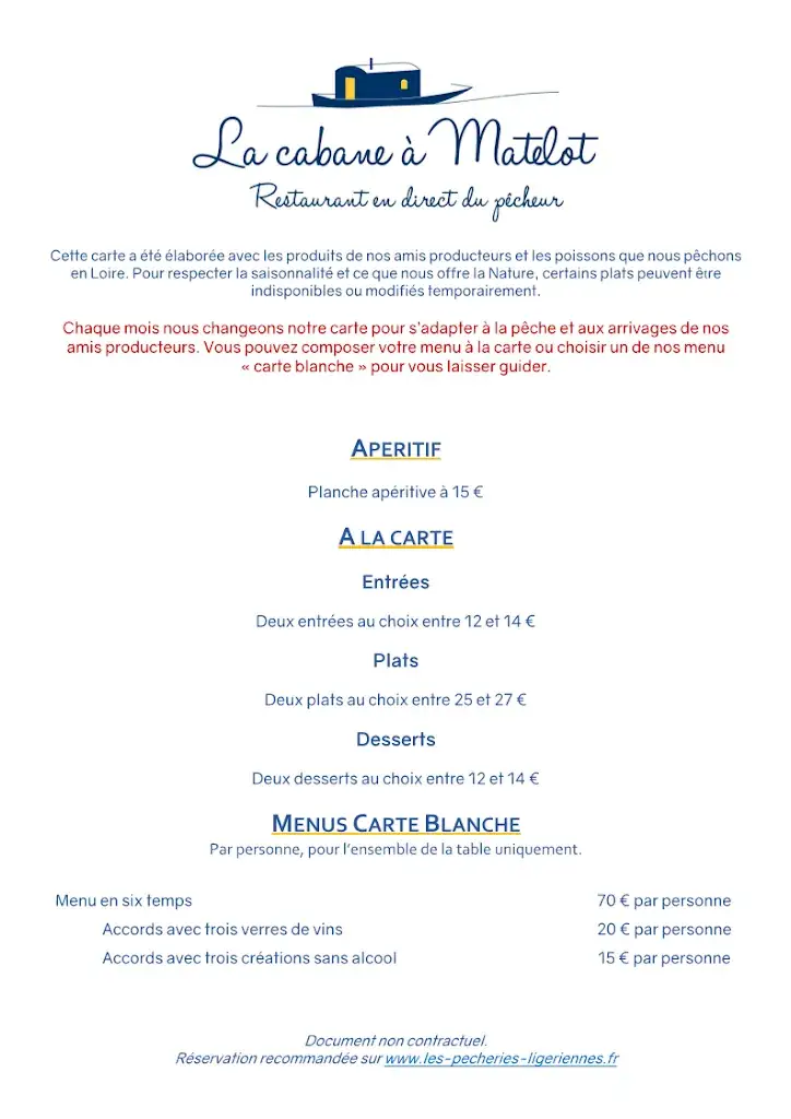 Menu_Les Pêcheries Ligériennes / La Cabane à Matelot : restaurant - boutique - balades en bateau - cours de cuisine - traiteur_Bréhémont_image_1