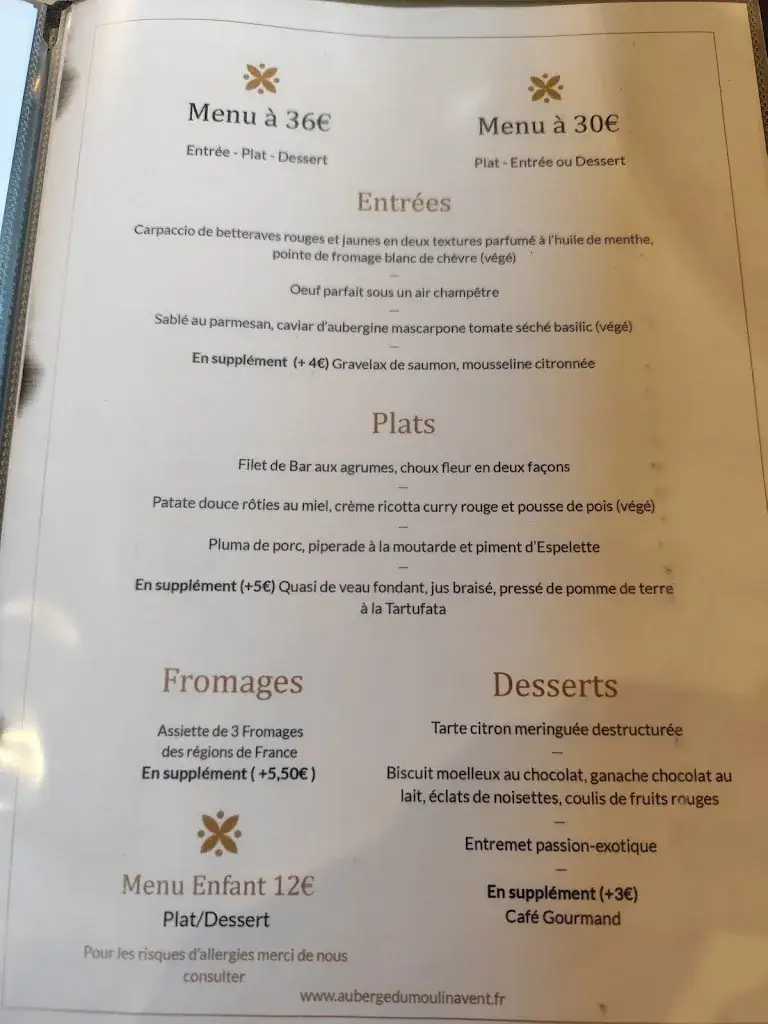 Menu_Auberge du Moulin à Vent, The Originals Relais_Manou_image_1