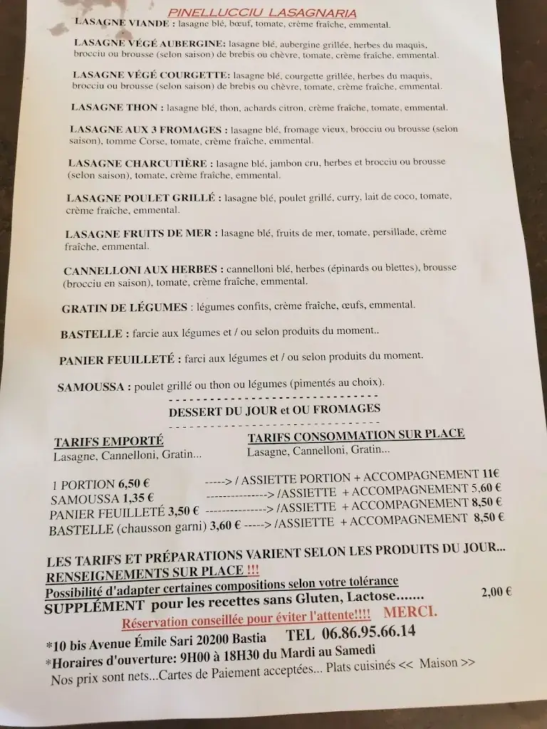 Menu_Restaurant Pinellucciu Lasagnaria_Bastia_image_1