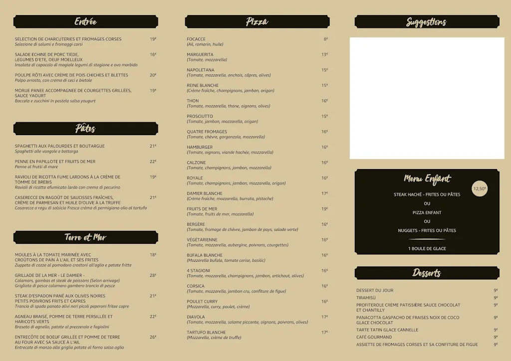 Menu_Restaurant Pizzeria Le Damier_Pianottoli-Caldarello_image_1