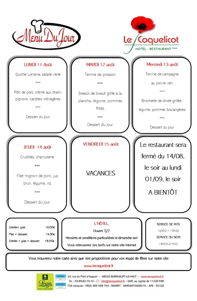Menu_Hotel Restaurant Le Coquelicot Logis à Burnhaupt Le Haut._Burnhaupt-le-Haut_image_1