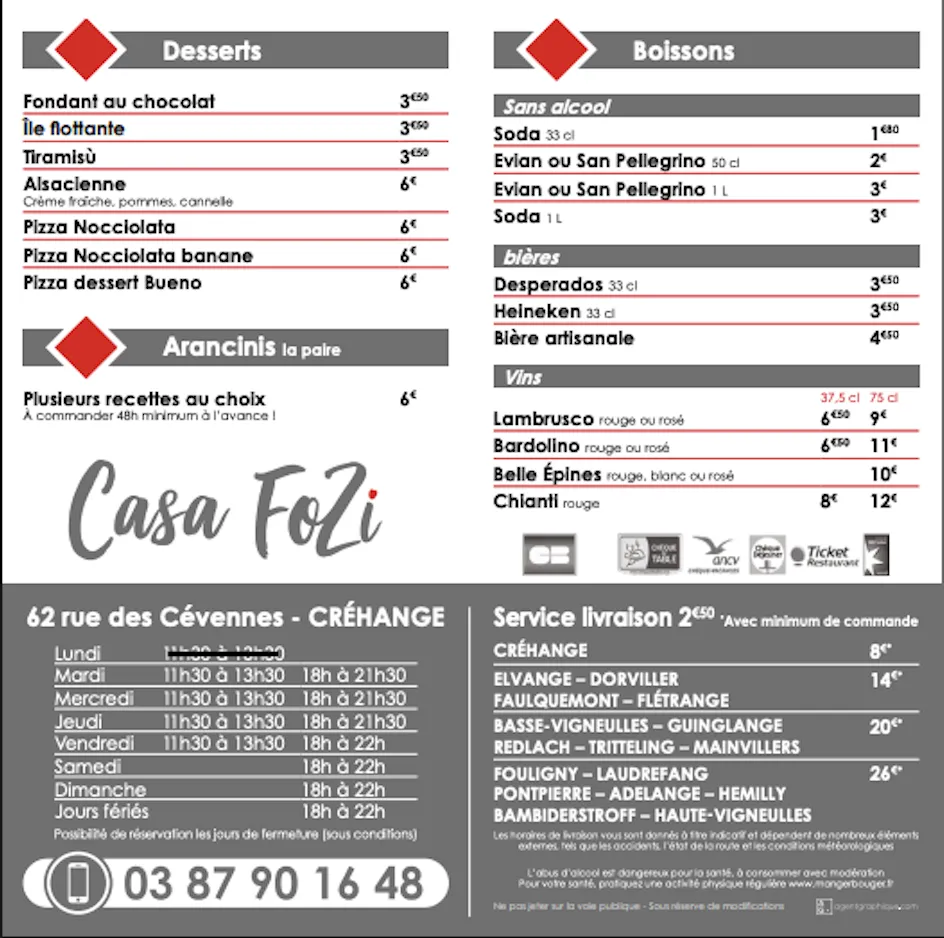 Menu_Casa FoZi Restaurant Italien Pizzeria Crehange_Créhange_imagen_1