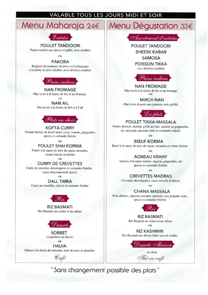 Menu_Restaurant LE MAHARAJA Chateau--Gaillard 01500_Château-Gaillard_image_1